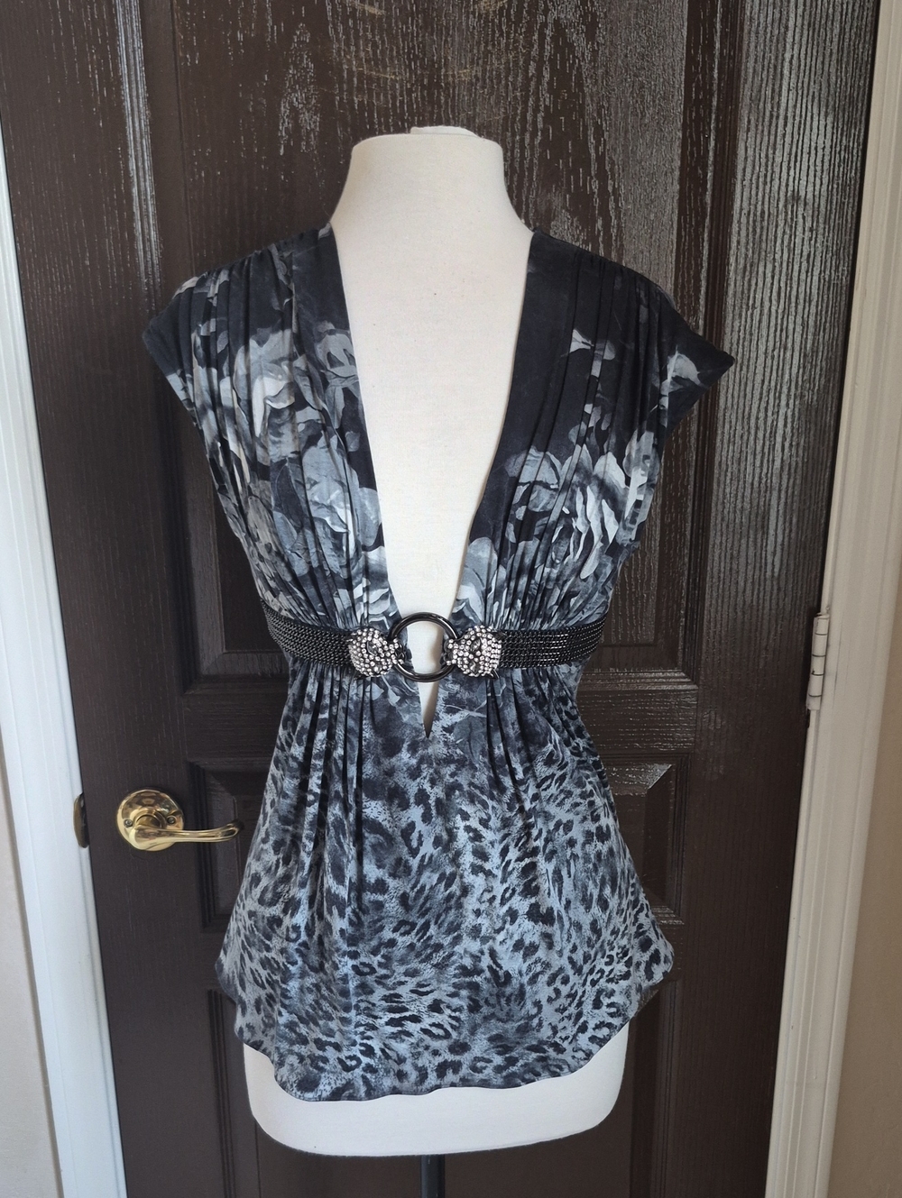 Sky Black and Gray Floral-Leopard Print V-Neck Blouse with Rhinestone Leopards